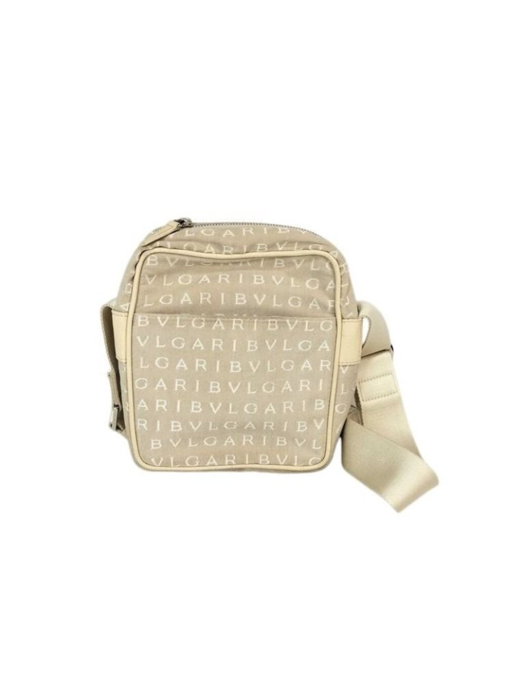 Bvlgari Shoulder Bag Logomania Beige Canvas Leather Silver